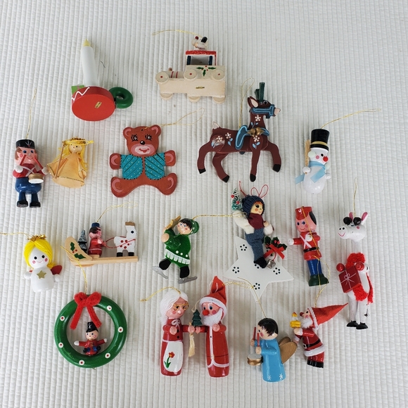 Vintage Other - 18 Wood Christmas Ornaments 2"-5" Vintage Green Red Wooden Holiday Santa Angel